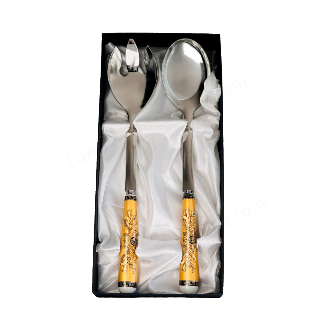 Serving Spoon & Fork White Gold Intricate Detail Stainless Steel by Joseph Sedgh