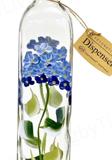 Olive Oil Vinegar Dispenser Glass Bottle Hand-Painted Blue Hydrangeas