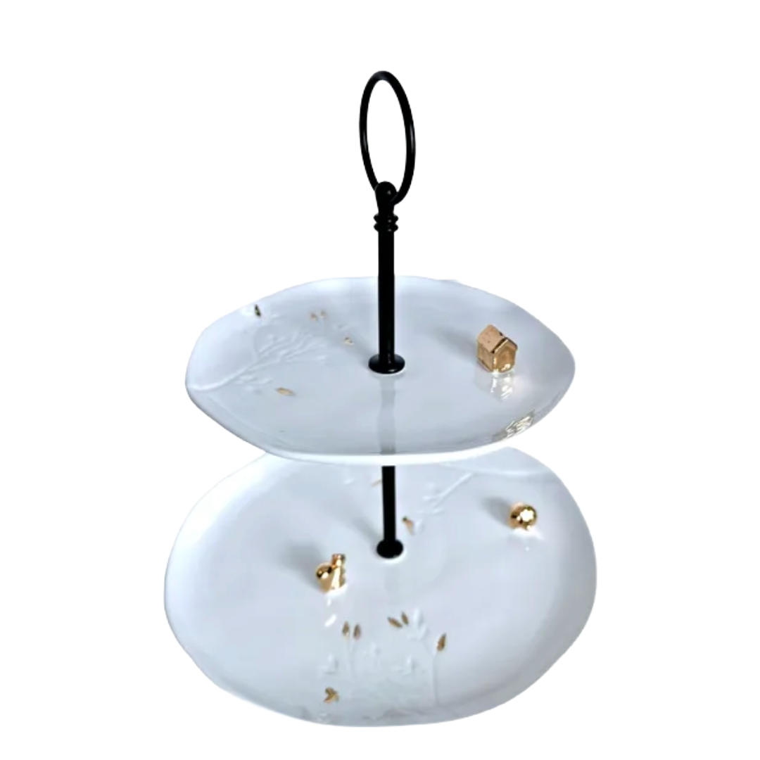 2 Tier Serving Dessert Tray Enchanted Gold Woodland Animals & Etched Flowers