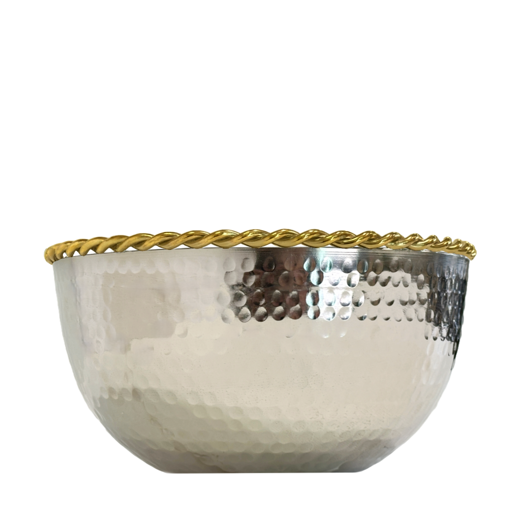 Large Round Bowl, Hammered Silver Metal & Gold Metal Rope Trim, Fridgerator Safe