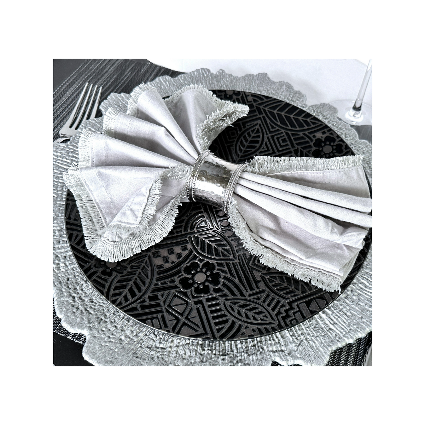 Silver Napkin Rings, Round Band Wide Hammered Cuff with Double Beaded Rim Set/4