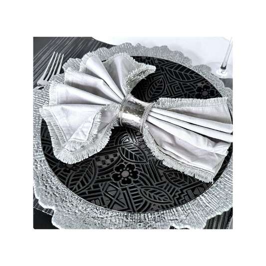 Silver Napkin Rings, Round Band Wide Hammered Cuff with Double Beaded Rim Set/4