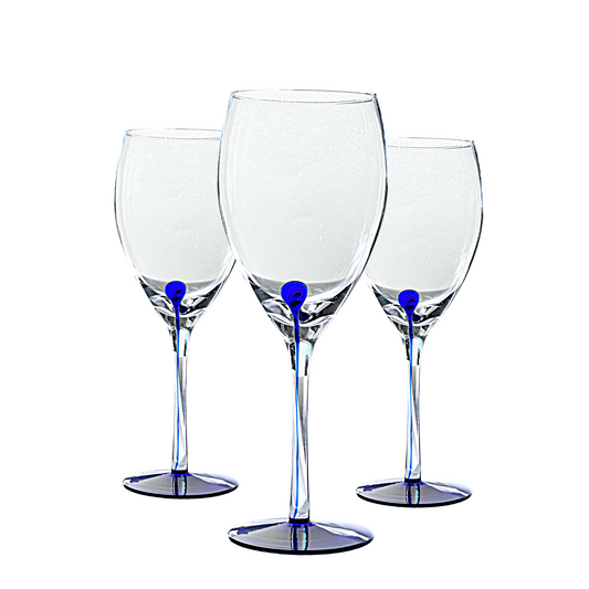 Wine Glasses Clear w/Cobalt Blue Dot Dripping Streak Into Stem Set/3 White Wine