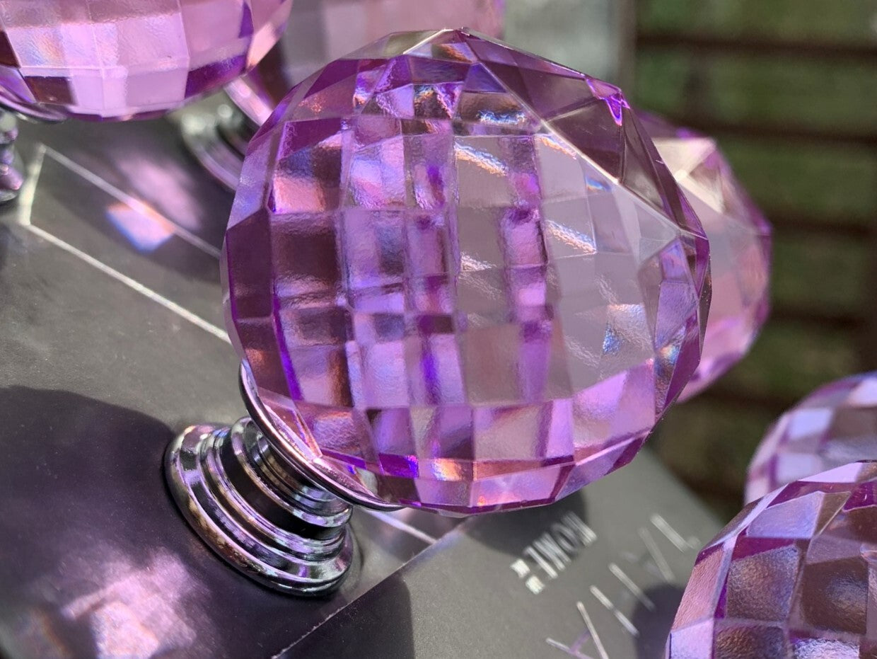 Tahari Cabinet Crystal Pull Drawer Knobs. Round Faceted, Sparkling Purple, Set/6