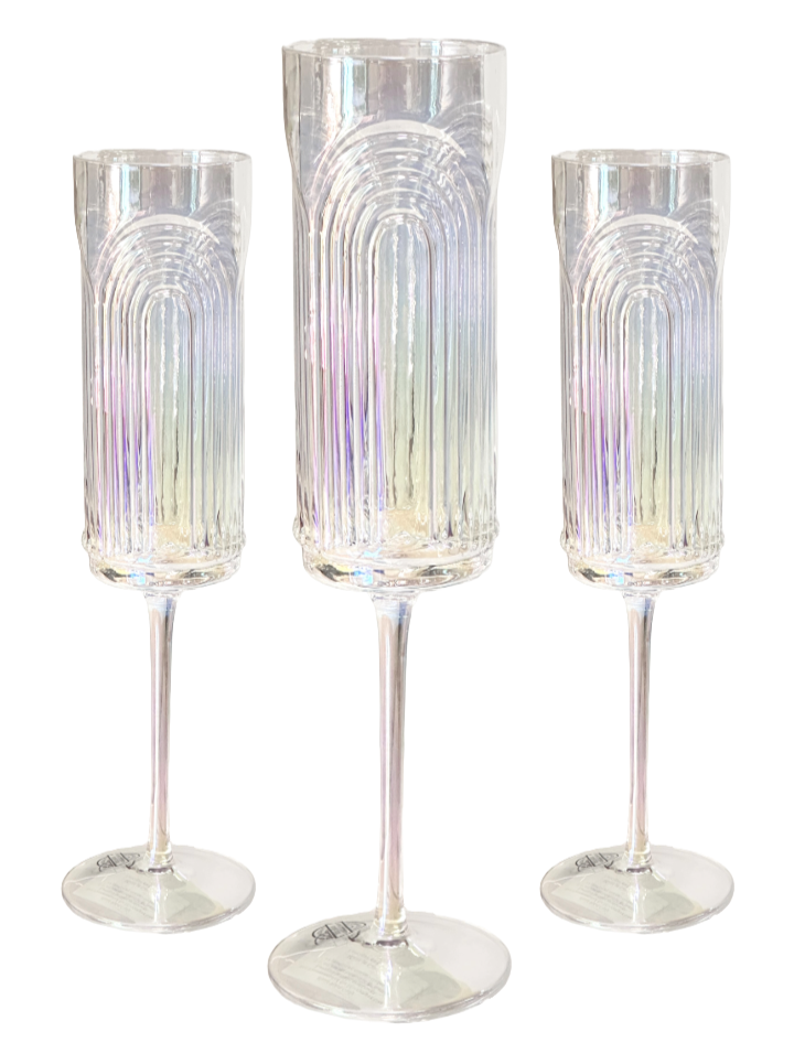 Champagne Glass Flute Iridescent Etched Arches  Mid Century Handmade Set of 3