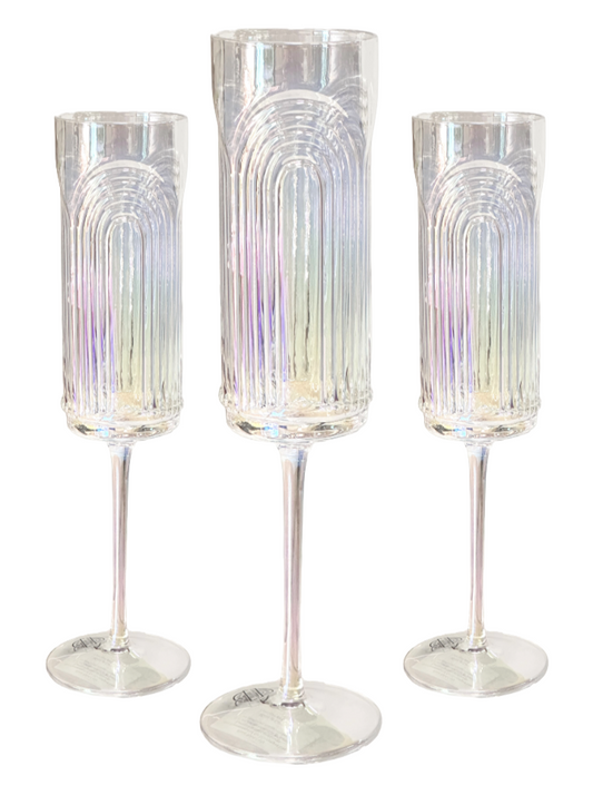 Champagne Glass Flute Iridescent Etched Arches  Mid Century Handmade Set of 3