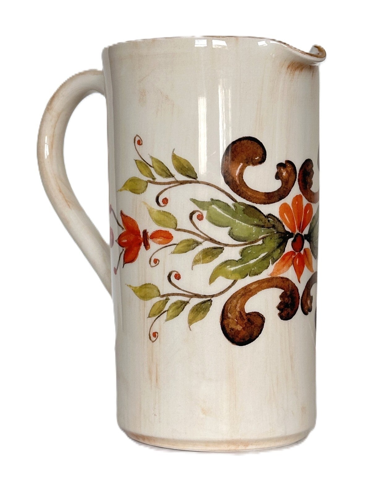 Ceramic Jug Distressed Antique Style Embossed Scroll Made Italy Ceramica Cuore