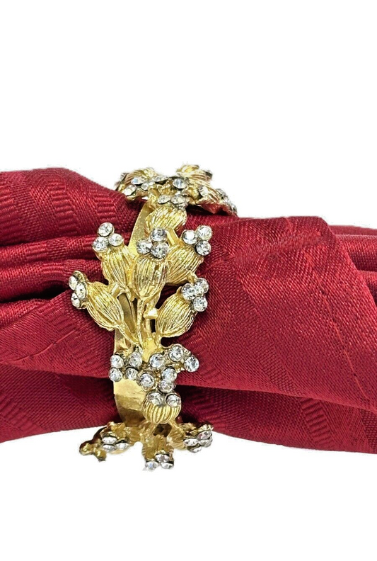 Gold Napkin Rings with Sparkling Bling on Gold Etched Floral Buds and Vines