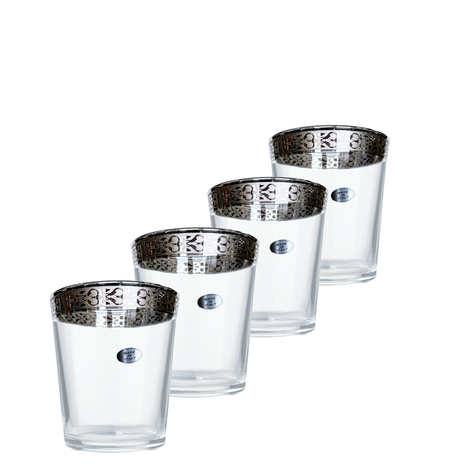 Whiskey Old Fashioned, Lowball Glass Mediterranean Style Etched Silver Rim Set/4
