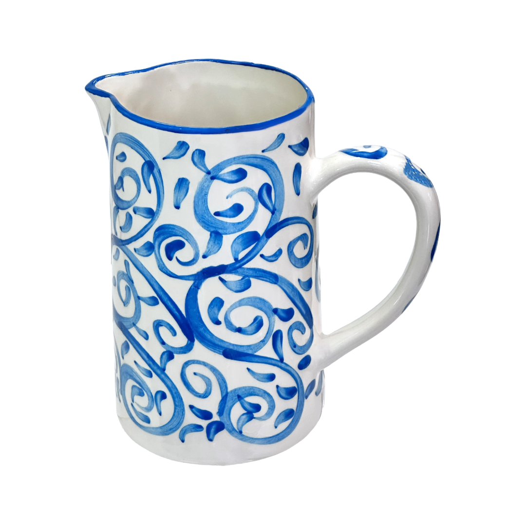 Jug Pitcher Mediterranean Teal Blue Hand Painted Swirls for Water, Wine, Sangria