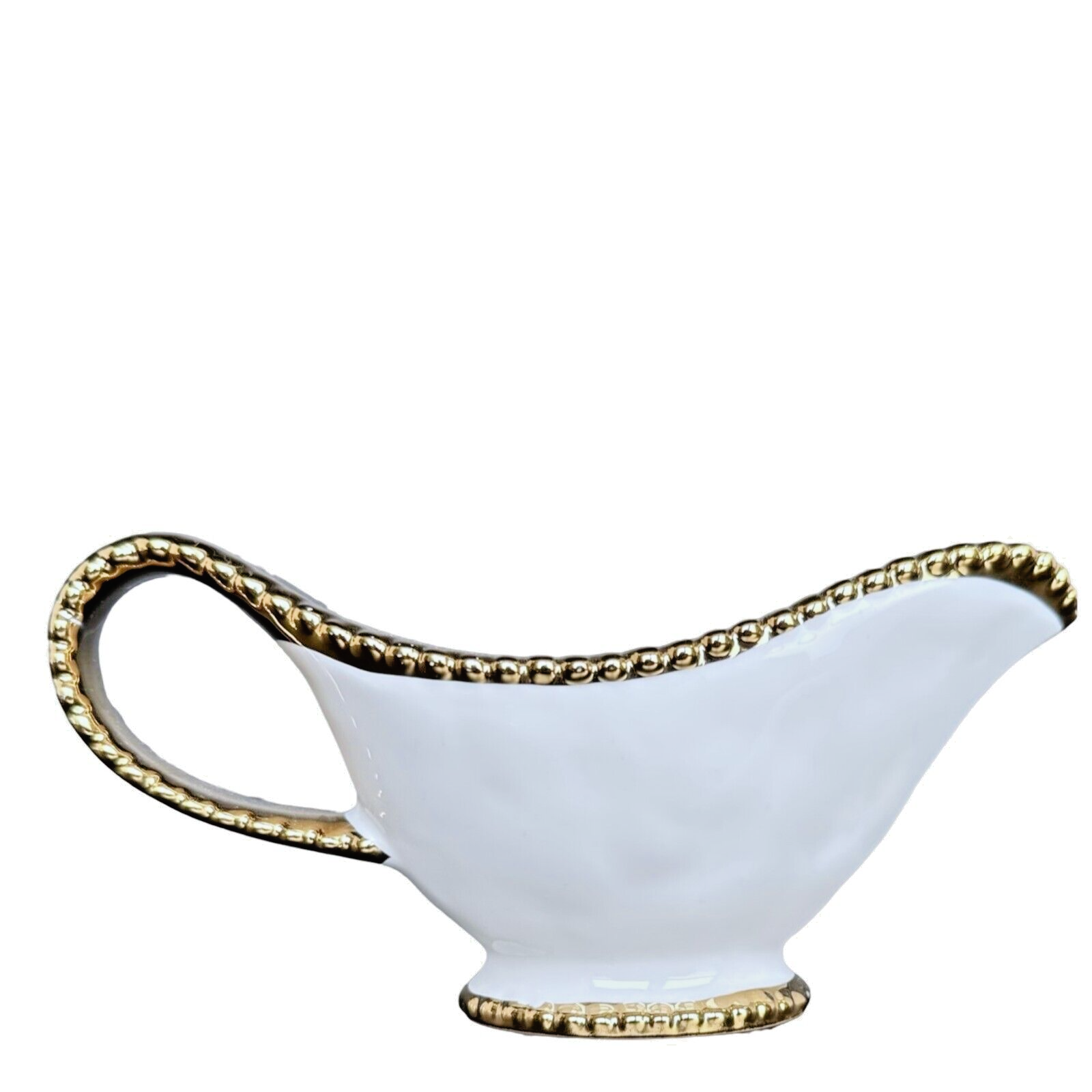 Serving Creamer, Syrup, Gravy, White Bone China w/Gold Beaded Handle, Base & Rim