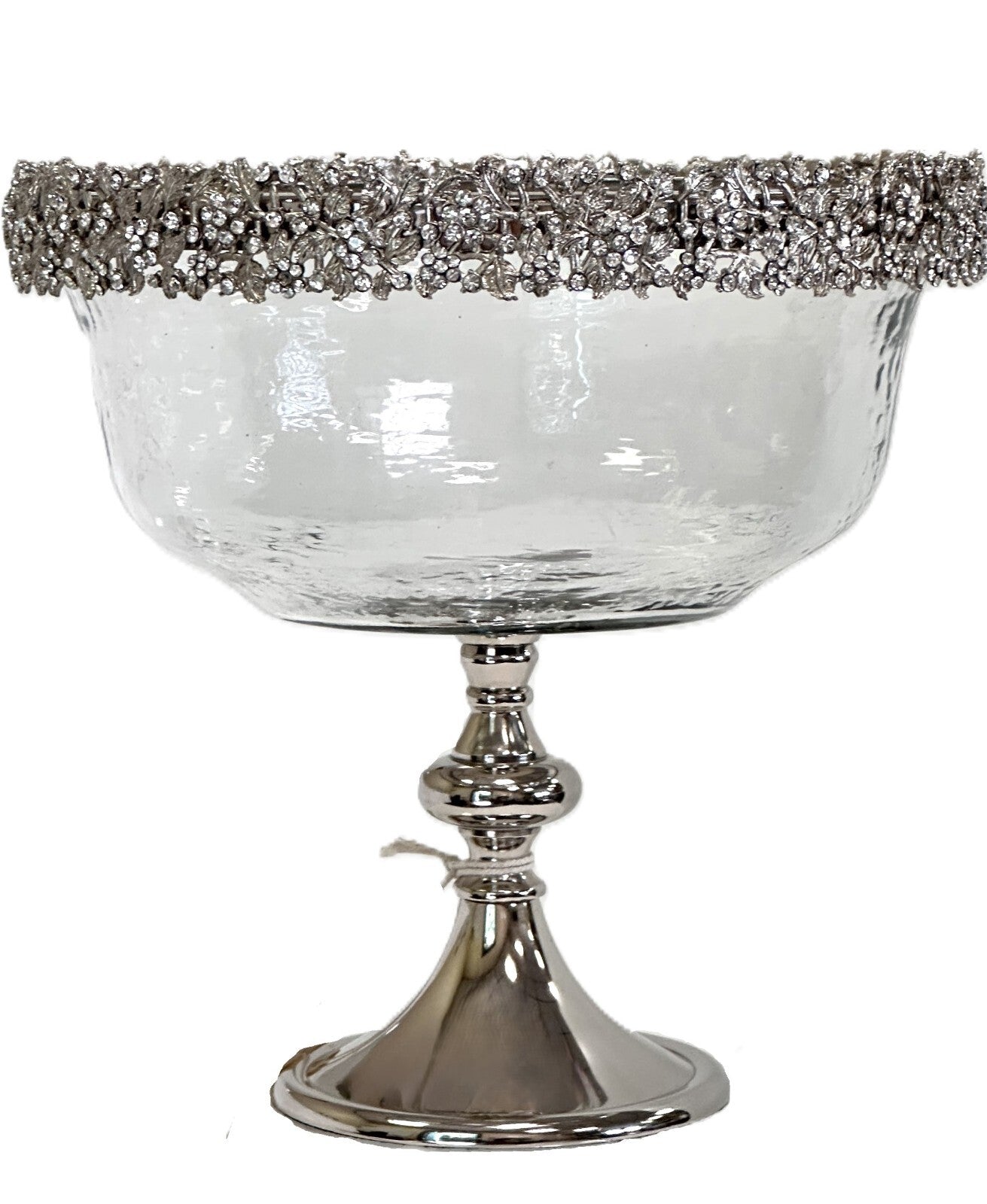 Tall Pedestal Fruit Salad Bowl Clear Glass Silver Base & Silver Crystal Rim