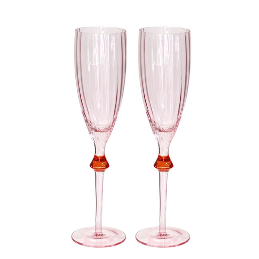 Pink Champagne Glass w/Ribbed Body & Red Gem on Long Stem Set of 2 Wedding Toast