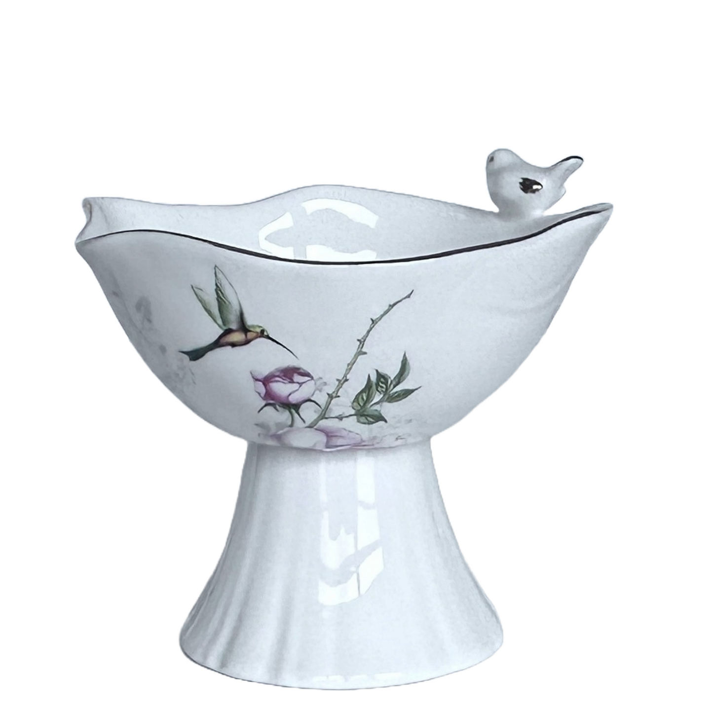 Candy Dish Hummingbird & Pink Flowers Gold Accents Scalloped Rim Gold Songbird