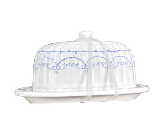 10 Strawberry Street Ceramic Butter Dish Off White with Blue Accents Ribbed Body