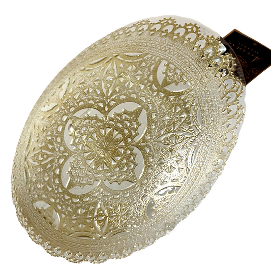Serving Bowl Oval Clear Gold Glass Lace Pattern Handmade by Artistic Accents