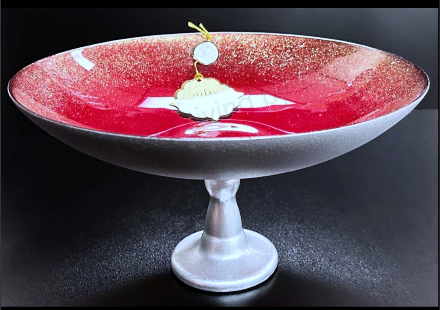 Large Glass Bowl on Silver Pedestal Bold Red W/Gold Crackled Ombre Rim 16" x 7