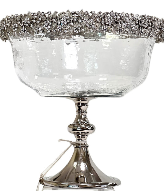 Tall Pedestal Fruit Salad Bowl Clear Glass Silver Base & Silver Crystal Rim