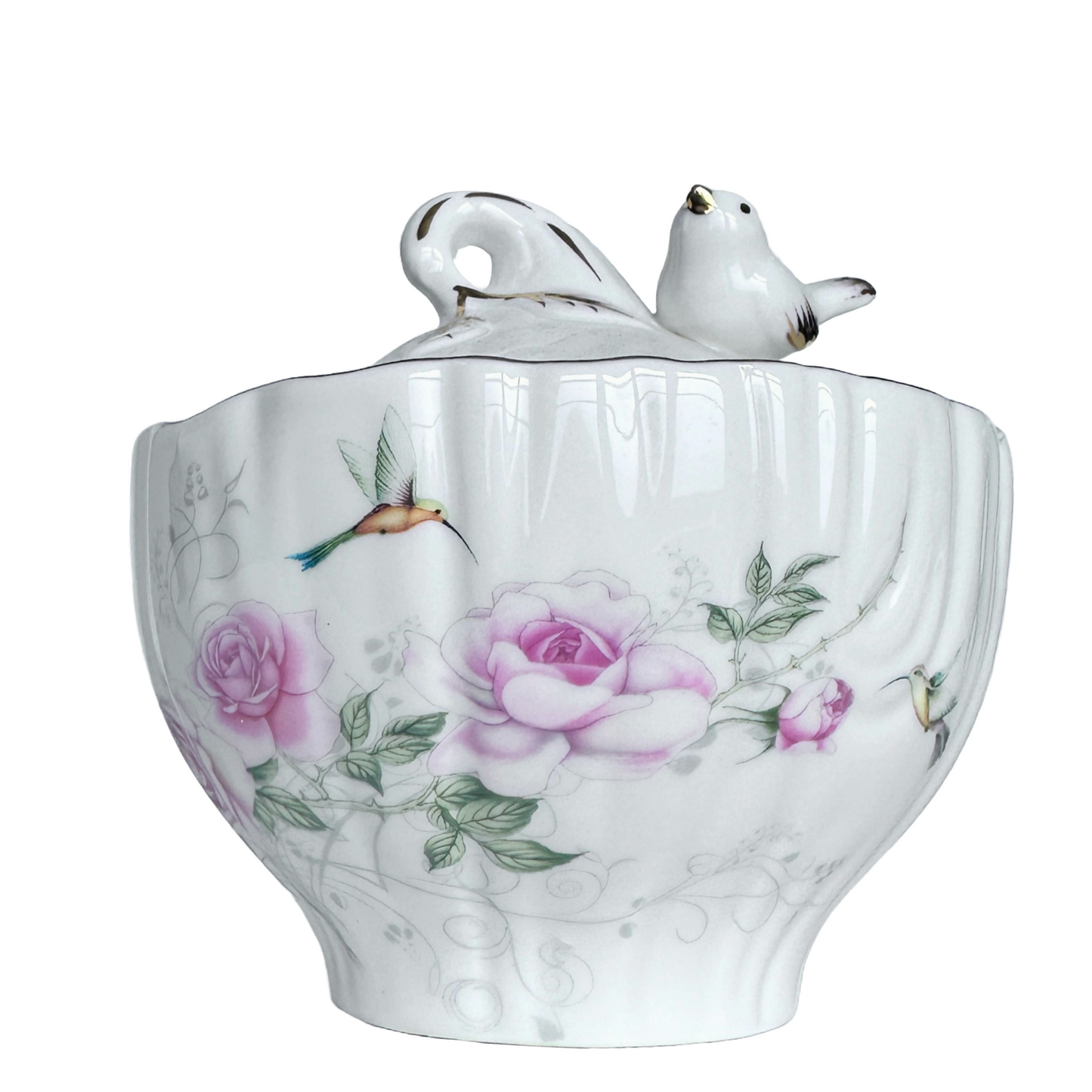 Gold Songbird Bowl w/Cover Hummingbird & Pink Flowers Gold Accents Scalloped Rim
