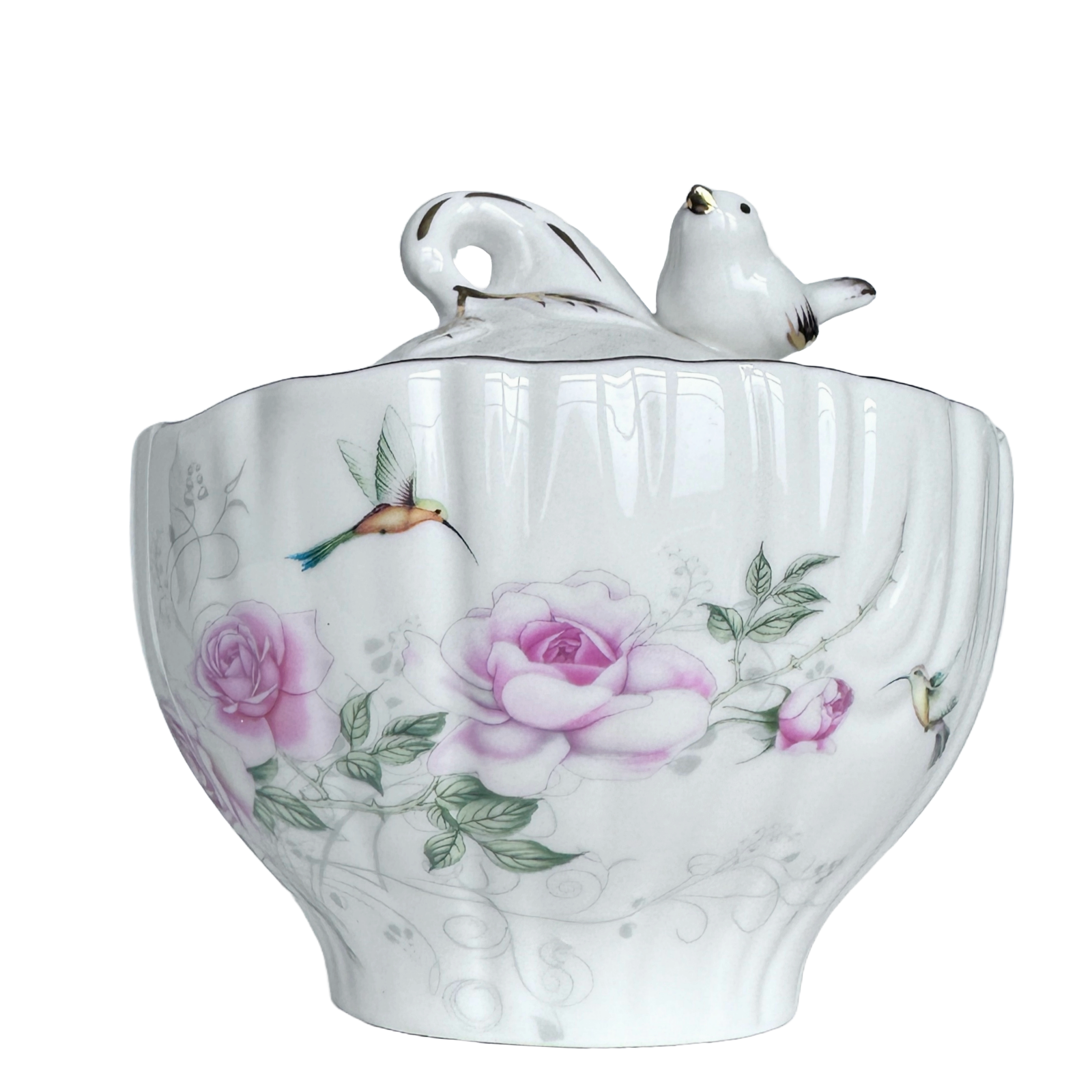 Gold Songbird Bowl w/Cover Hummingbird & Pink Flowers Gold Accents Scalloped Rim