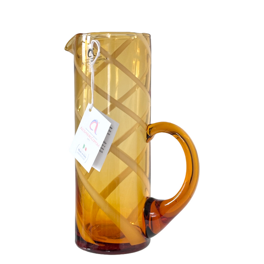 Hand Blown Glass Pitcher Amber Gold w/Milky White Swirl Unique Elongated Handle