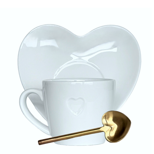 Espresso Coffee Cup & Saucer White Porcelain Heart Shaped w/Gold Heart Spoon 3PC