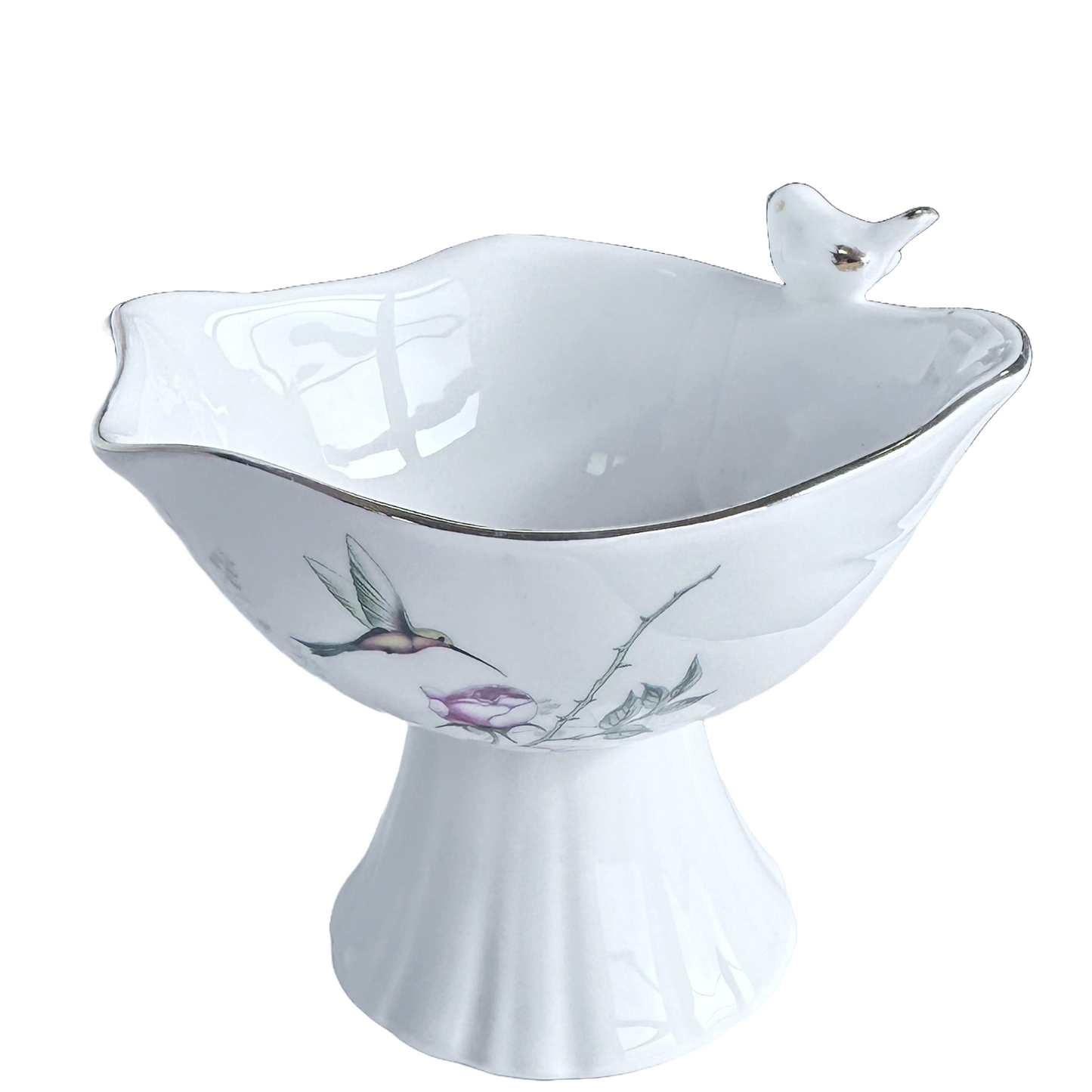 Candy Dish Hummingbird & Pink Flowers Gold Accents Scalloped Rim Gold Songbird