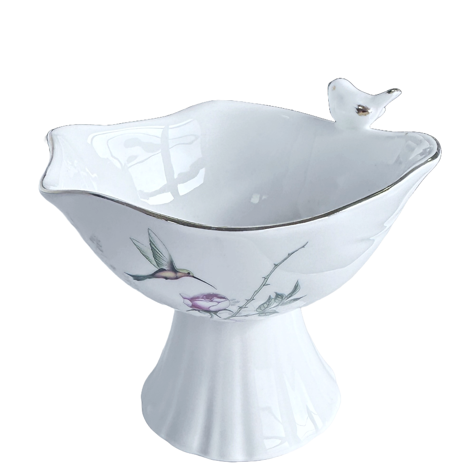 Candy Dish Hummingbird & Pink Flowers Gold Accents Scalloped Rim Gold Songbird