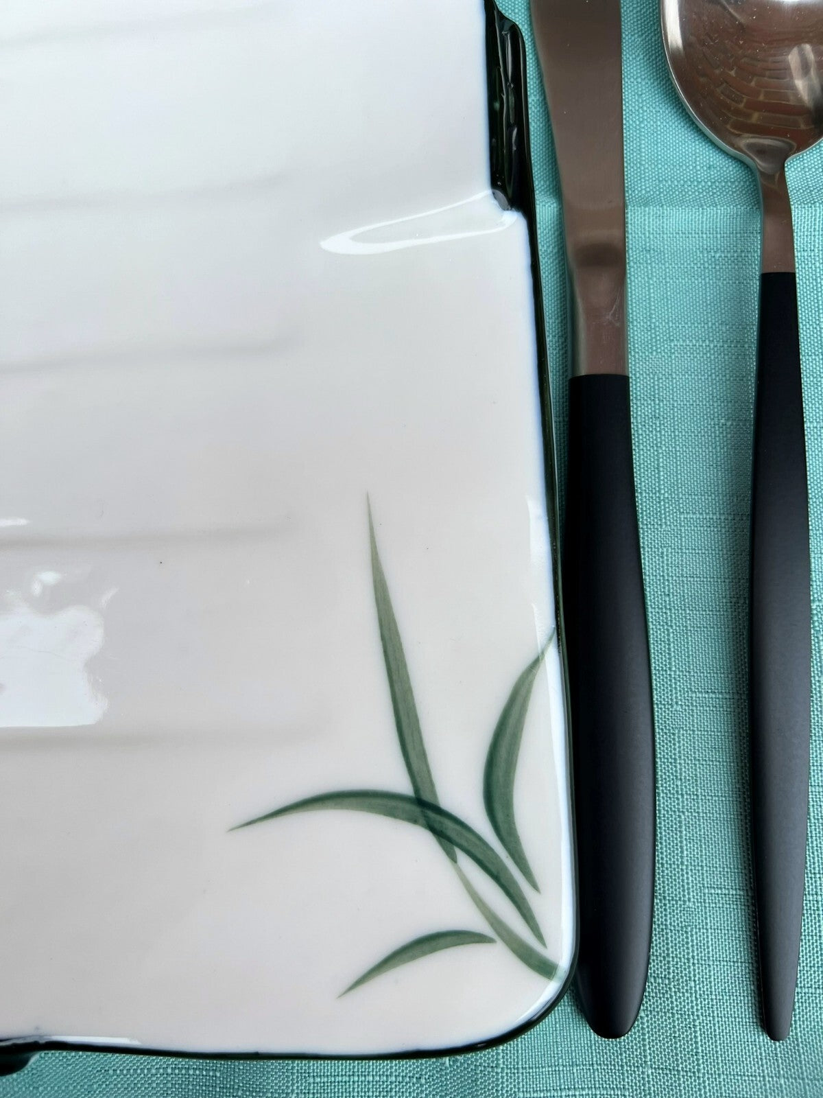 Square White Porcelain Plate Hand Painted Bamboo Leaves & Elegant Black Trim x6