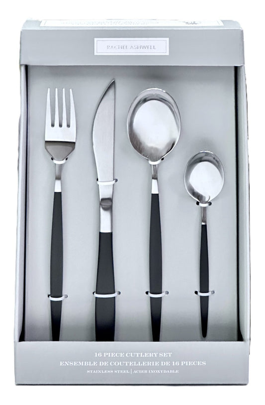 Rachel Ashwell 16 Piece Silver Stainless Steel Cutlery Set w/Black Handle Svs 4