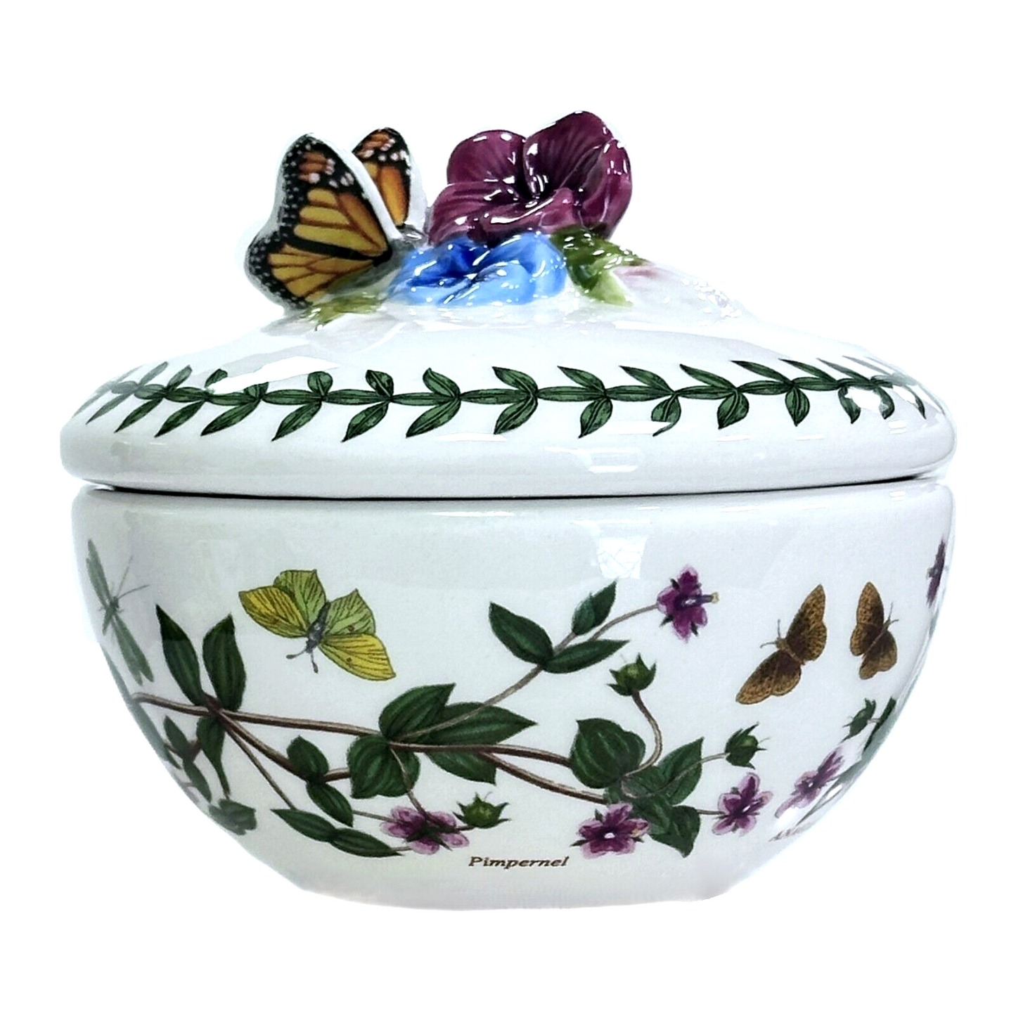 PORTMEIRION Trinket Box w/Lid Botanic Garden Bouquet Vibrant Flowers & Butterfly