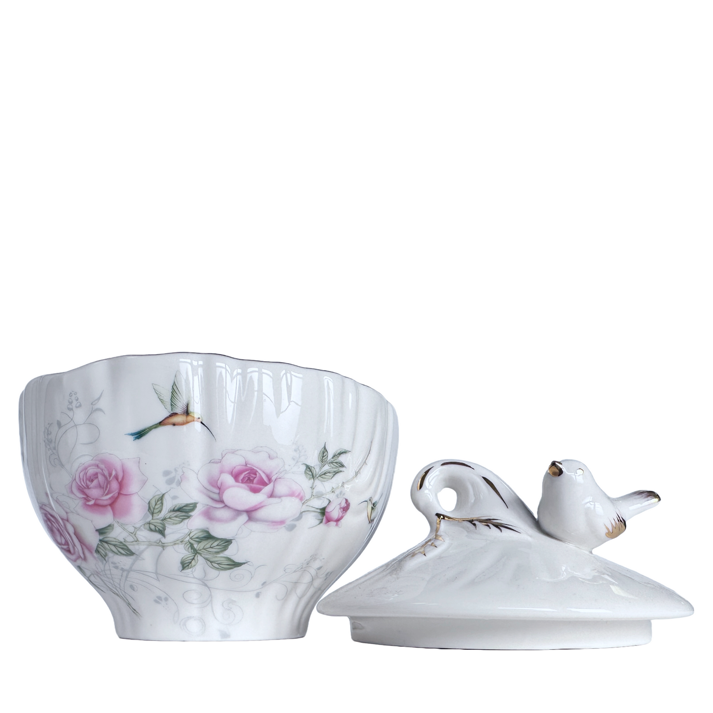 Gold Songbird Bowl w/Cover Hummingbird & Pink Flowers Gold Accents Scalloped Rim