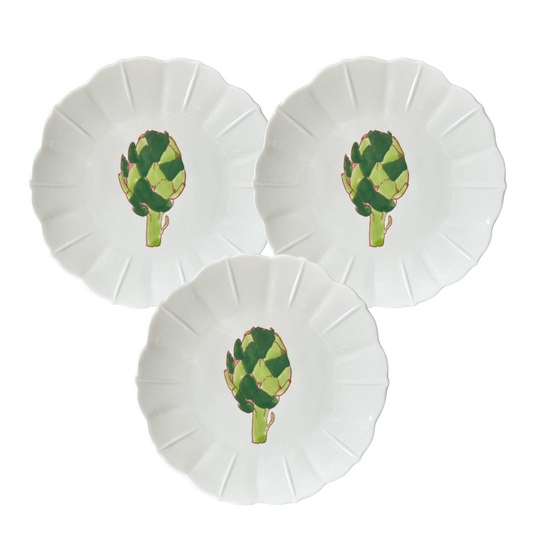 6" Scalloped Salad Plates w/Whimsical Stylized Illustration of Green Artichoke