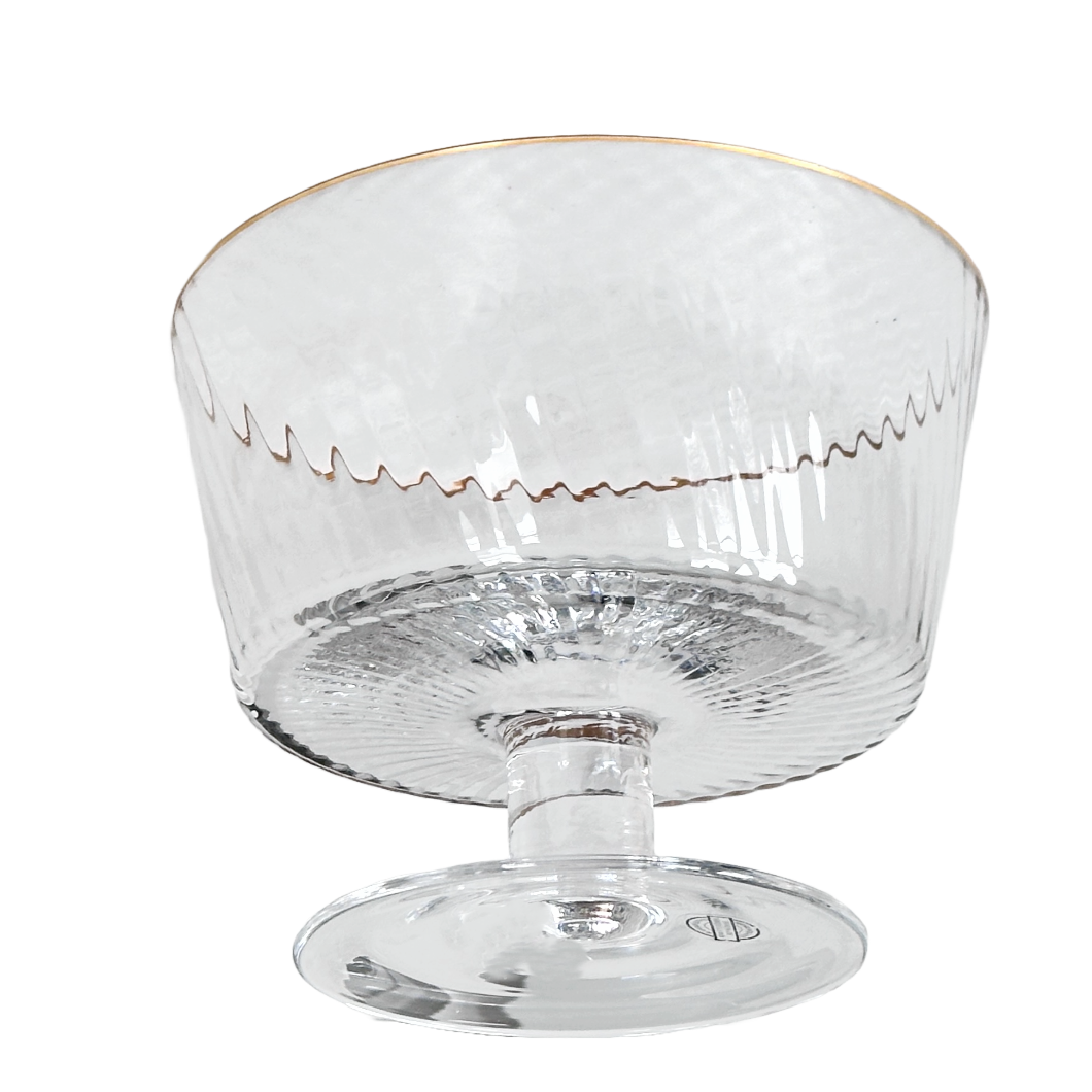 Clear Ribbed Glass Bowl on Pedestal with Gold Rim, for Trifle, Fruit, Salad 6x7"