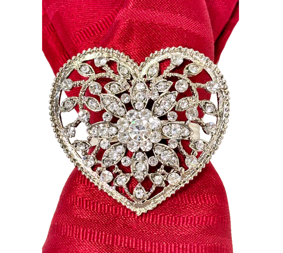 Napkin Rings Heart Shaped Crystal Rhinestones w/Intricate Design & Flower Center