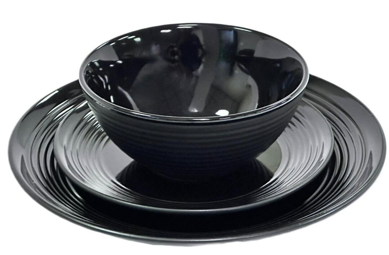 Soho Living Portland 12pc Stoneware Dinner Set Ribbed Glossy Black Finish