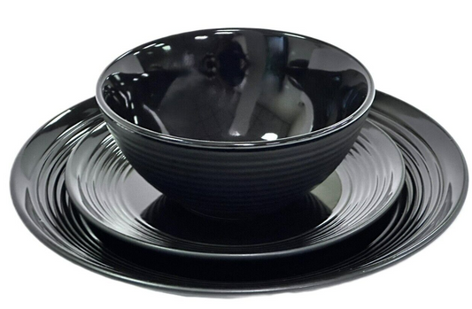 Soho Living Portland 12pc Stoneware Dinner Set Ribbed Glossy Black Finish
