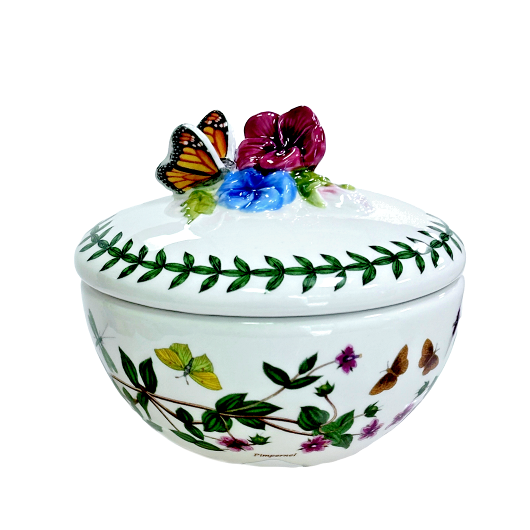 PORTMEIRION Trinket Box w/Lid Botanic Garden Bouquet Vibrant Flowers & Butterfly