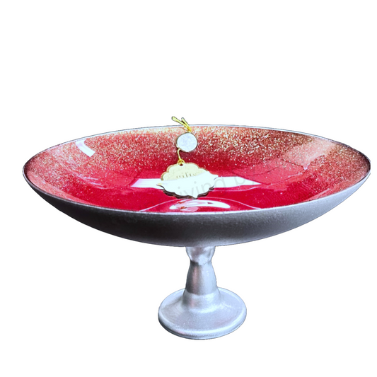 Large Glass Bowl on Silver Pedestal Bold Red W/Gold Crackled Ombre Rim 16" x 7