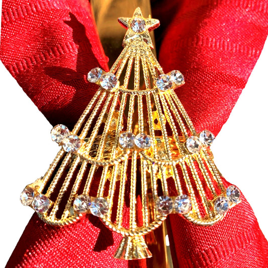 Napkin Rings, Gold Holiday Christmas Tree with Sparkling White Crystals Set of 4