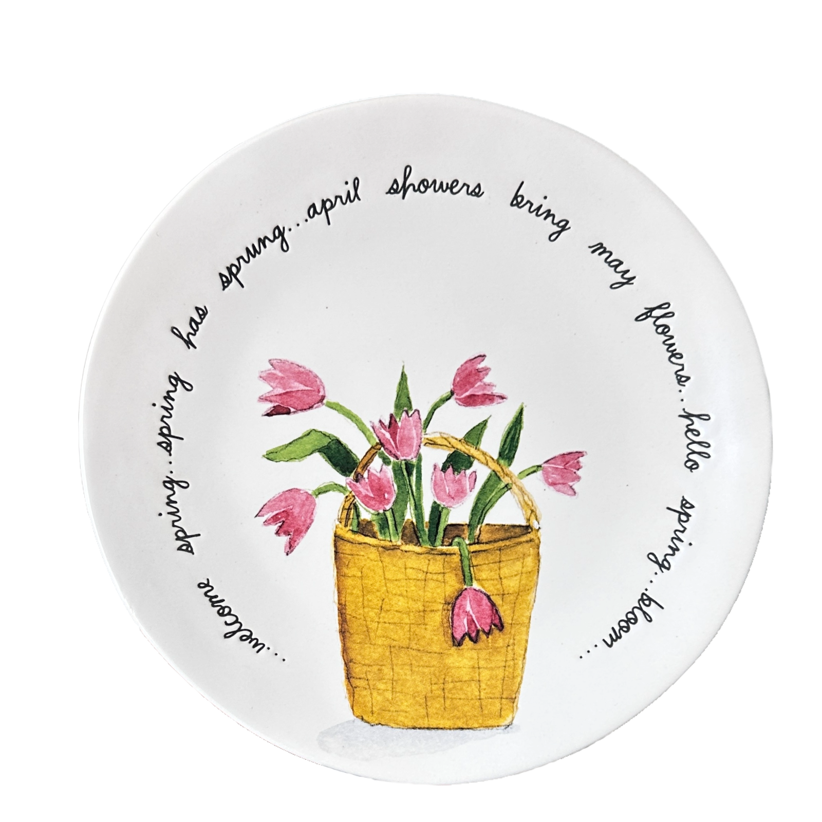 8" Salad Side Plate April Showers Bring May Flowers Basket of Pink Tulips Set/3