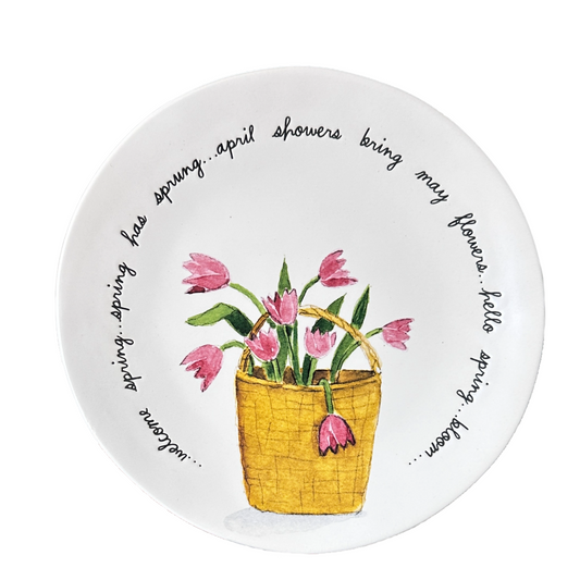 8" Salad Side Plate April Showers Bring May Flowers Basket of Pink Tulips Set/3
