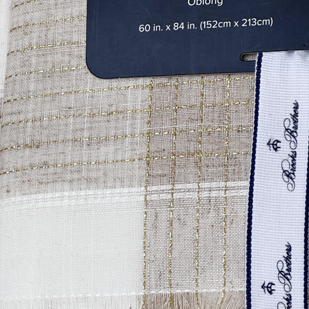 Brooks Brothers Tablecloth Oblong 60x84 White & Tan Gold Threads & Fringe Border
