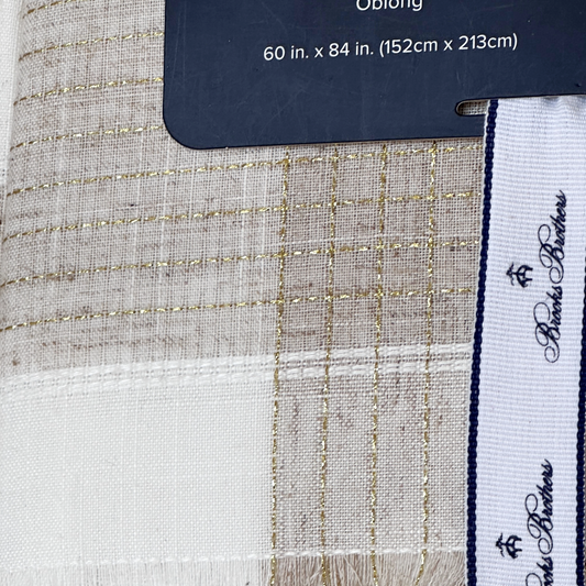 Brooks Brothers Tablecloth Oblong 60x84 White & Tan Gold Threads & Fringe Border