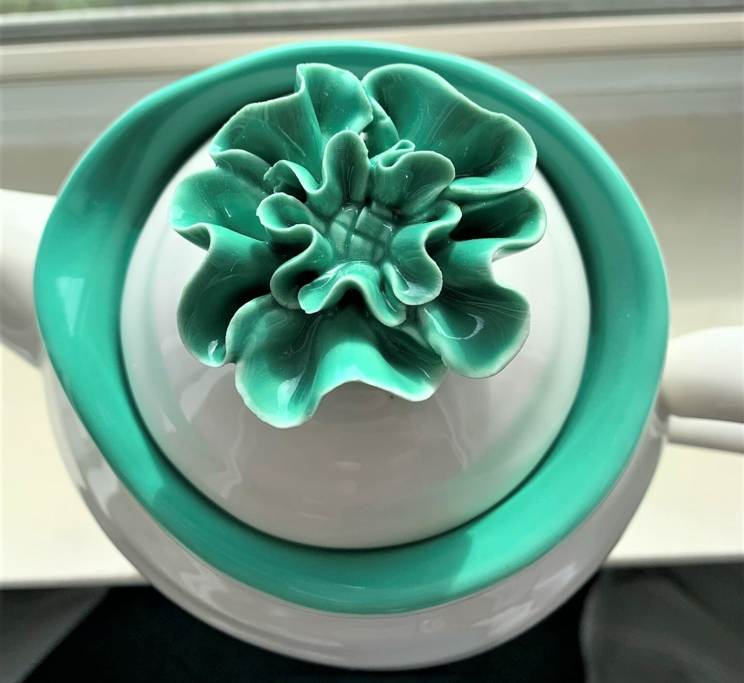 Grace's Teaware 3 PC Tea Set, White Porcelain w/3D Turquoise Floral Lid/Trim