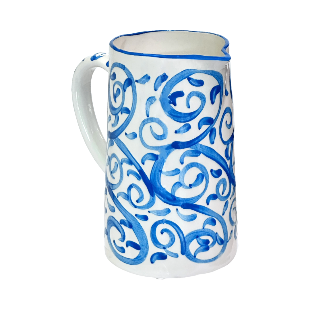 Jug Pitcher Mediterranean Teal Blue Hand Painted Swirls for Water, Wine, Sangria