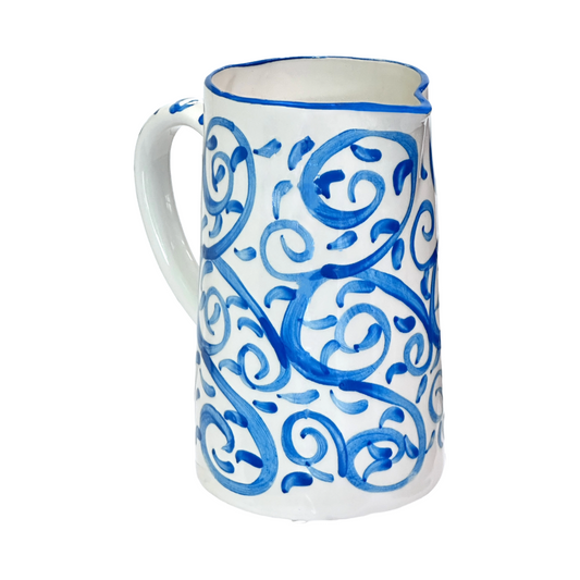 Jug Pitcher Mediterranean Teal Blue Hand Painted Swirls for Water, Wine, Sangria