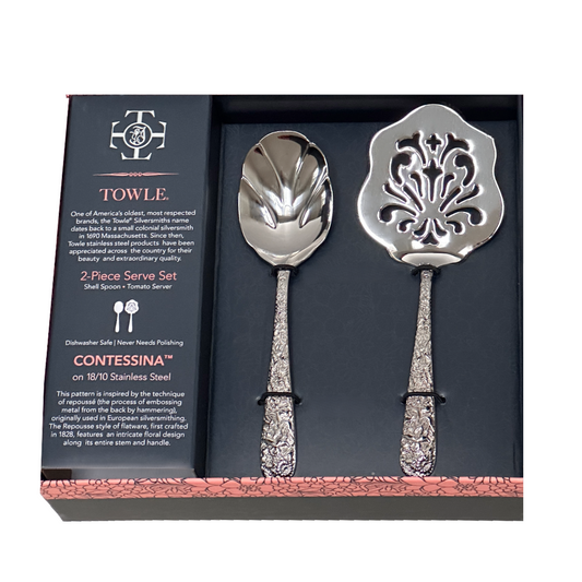 Towle Contessina 2 Piece Stainless Steel 18/10 Silver Flatware Serving Set New