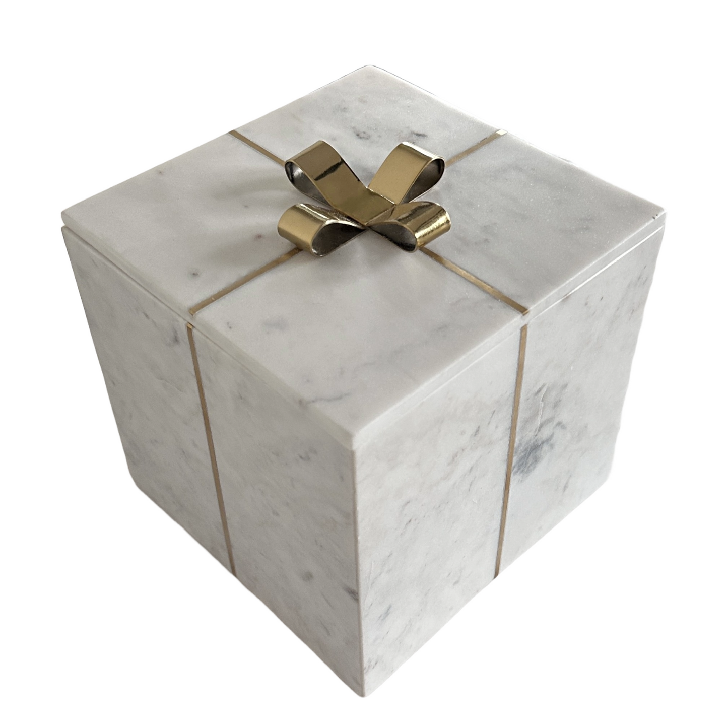 Marble Square Gift Box with Brass Bow & Ribbon on a Removable Lid  7x7x7
