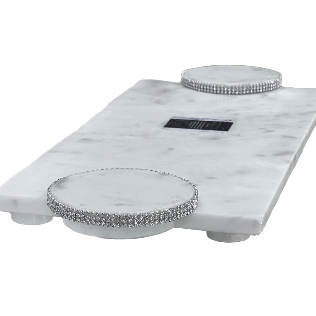 Marble Charcuterie Serving Board Dessert Tray 2 Raised Platforms w/Crystals 21x8
